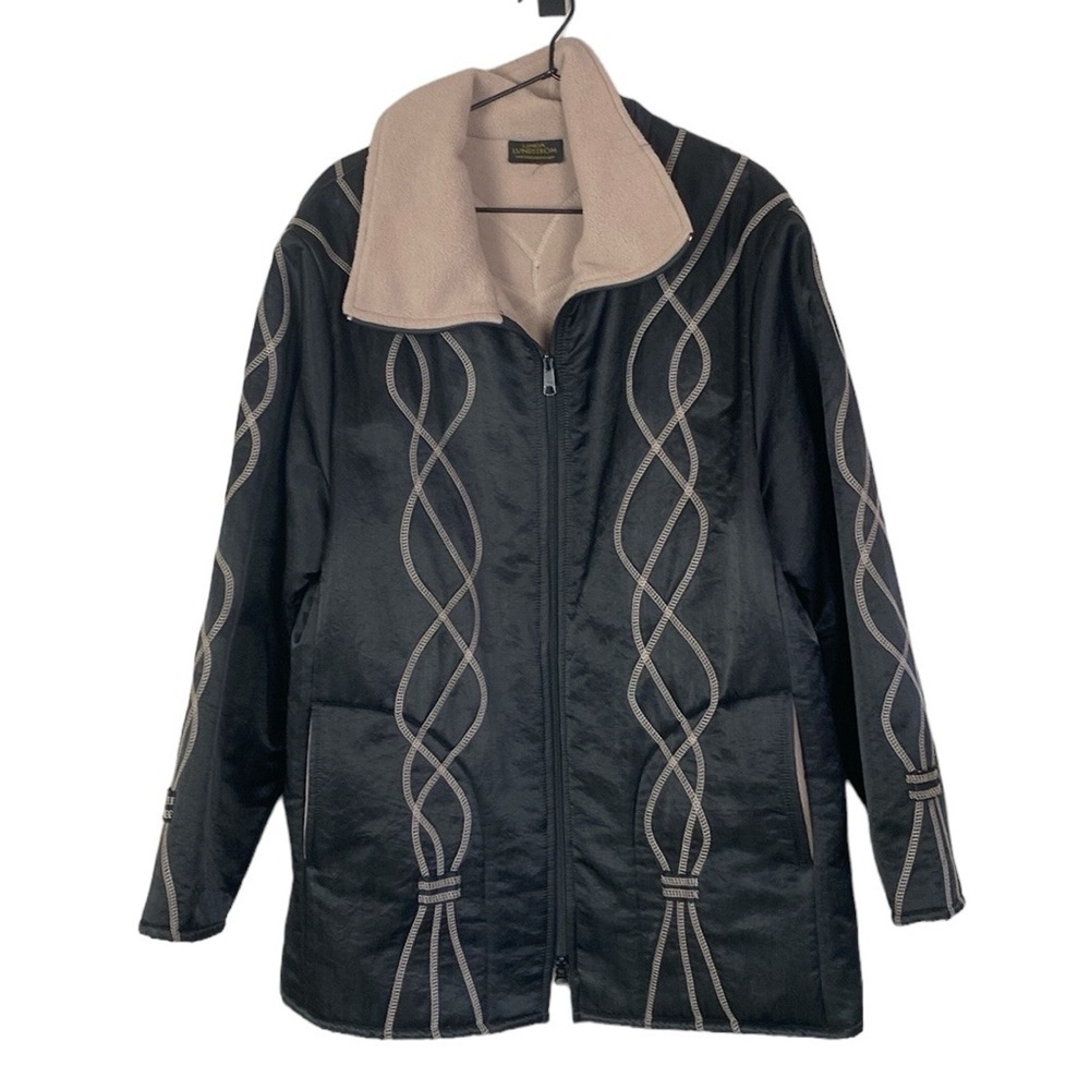 Linda Lundstrom black and tan embroidered fleece lined coat